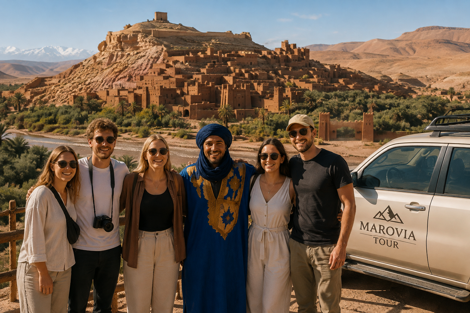 Marovia Tour guide in traditional dress with a camel in southern Morocco