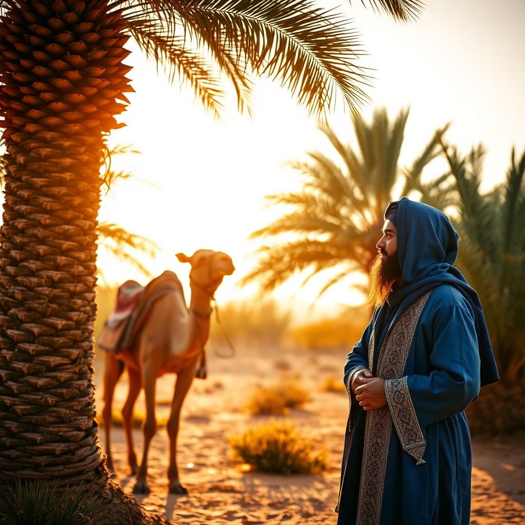 Berber guide in a blue robe with a camel beside a palm grove