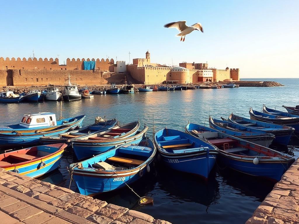 Blue fishing boats in Essaouira harbour below the old ramparts