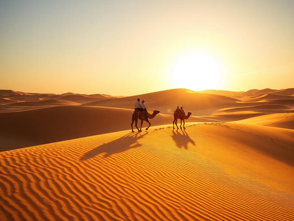 Camel caravan crossing the golden Erg Chebbi dunes at sunset near Merzouga